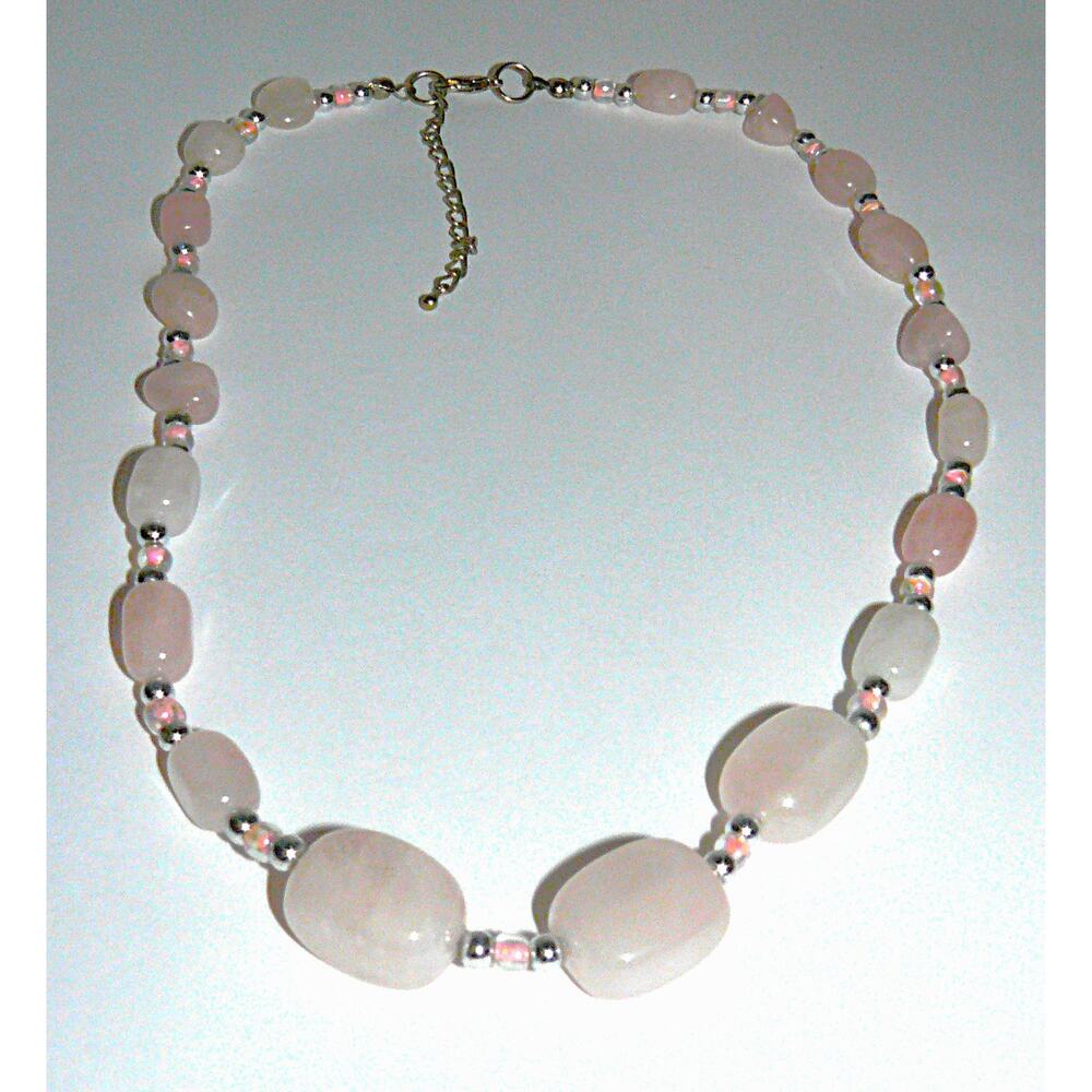 Vintage Rose Quartz Pink Stone Beaded Silver Tone Necklace Adjustable Chain